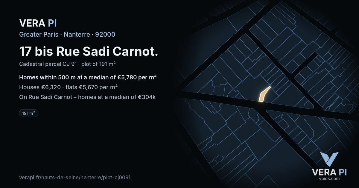17 bis Rue Sadi Carnot, Nanterre at night – the plot lit, the parcels around coloured by the prices near them