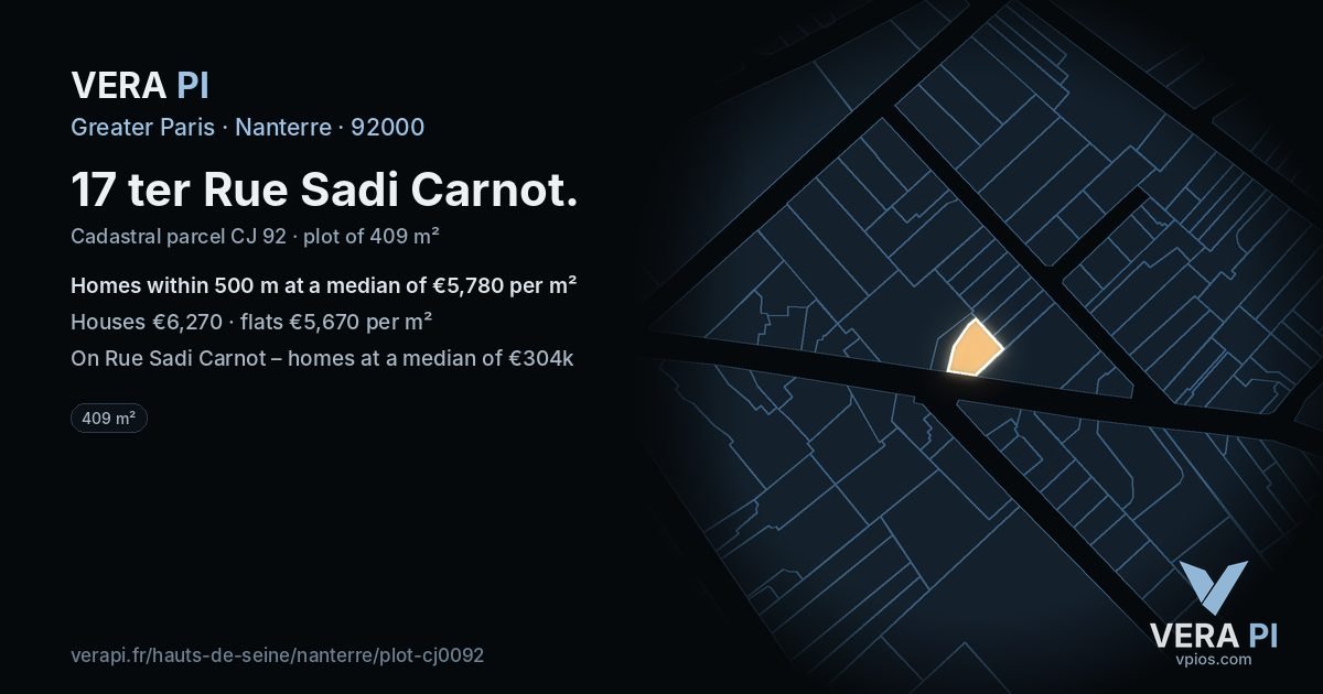 17 ter Rue Sadi Carnot, Nanterre at night – the plot lit, the parcels around coloured by the prices near them