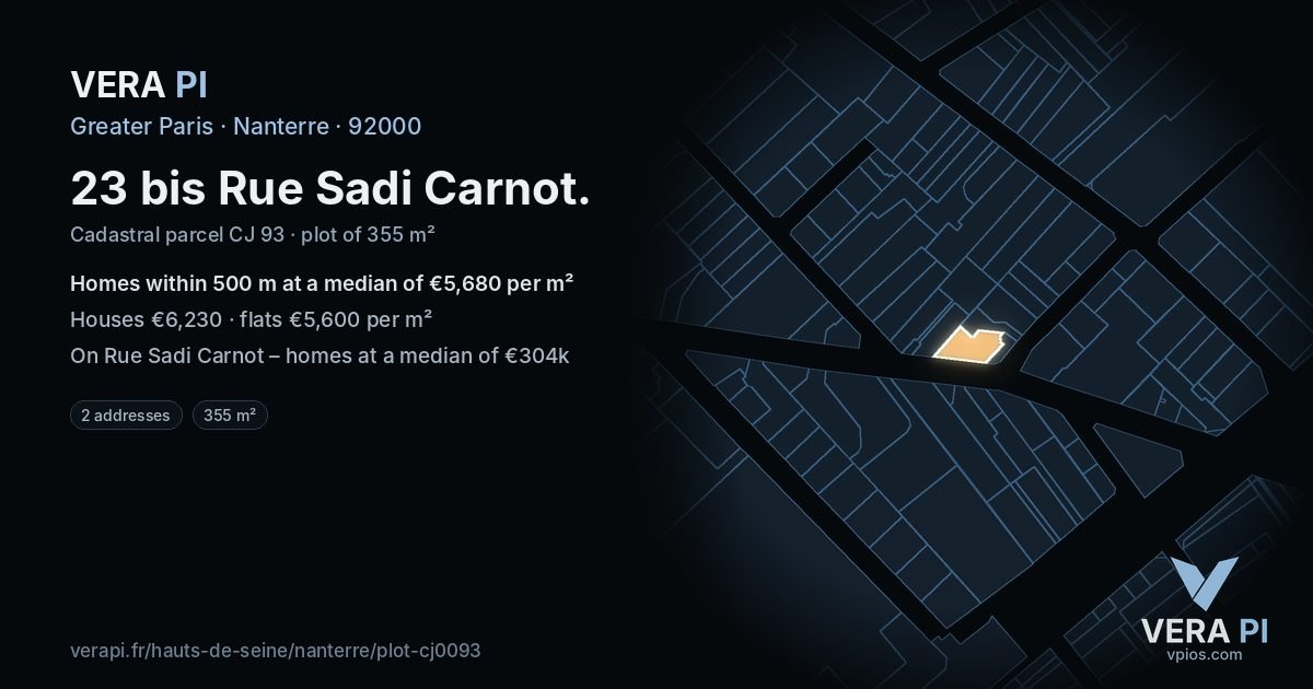 23 bis Rue Sadi Carnot, Nanterre at night – the plot lit, the parcels around coloured by the prices near them