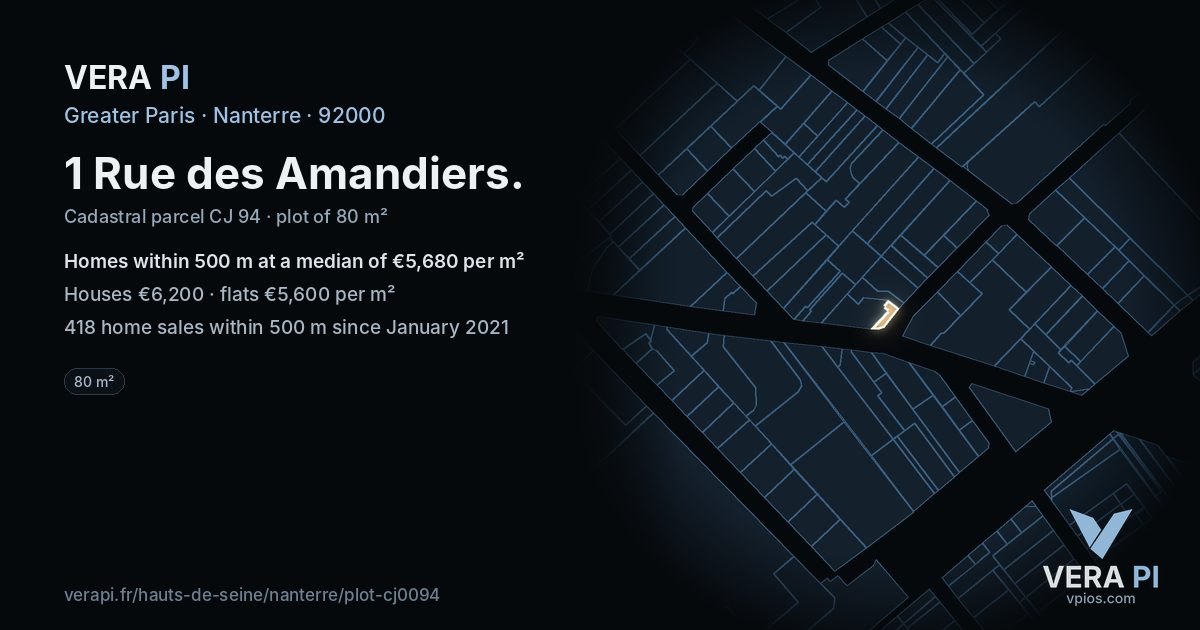 1 Rue des Amandiers, Nanterre at night – the plot lit, the parcels around coloured by the prices near them