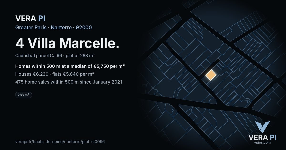 4 Villa Marcelle, Nanterre at night – the plot lit, the parcels around coloured by the prices near them