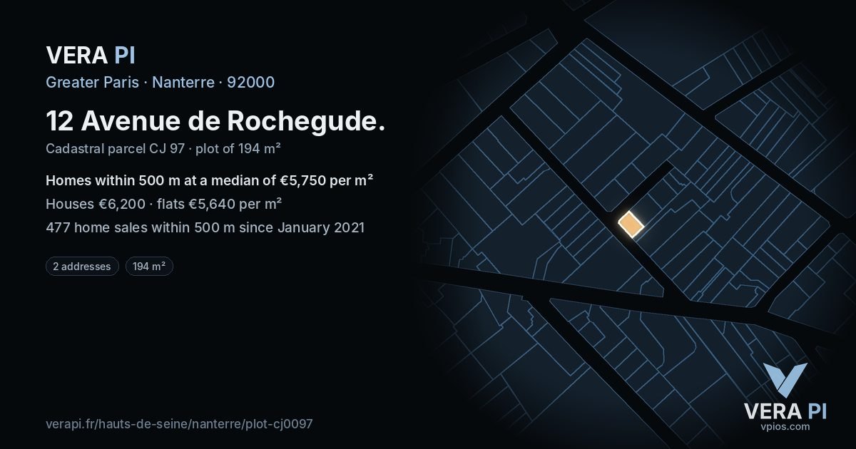 12 Avenue de Rochegude, Nanterre at night – the plot lit, the parcels around coloured by the prices near them