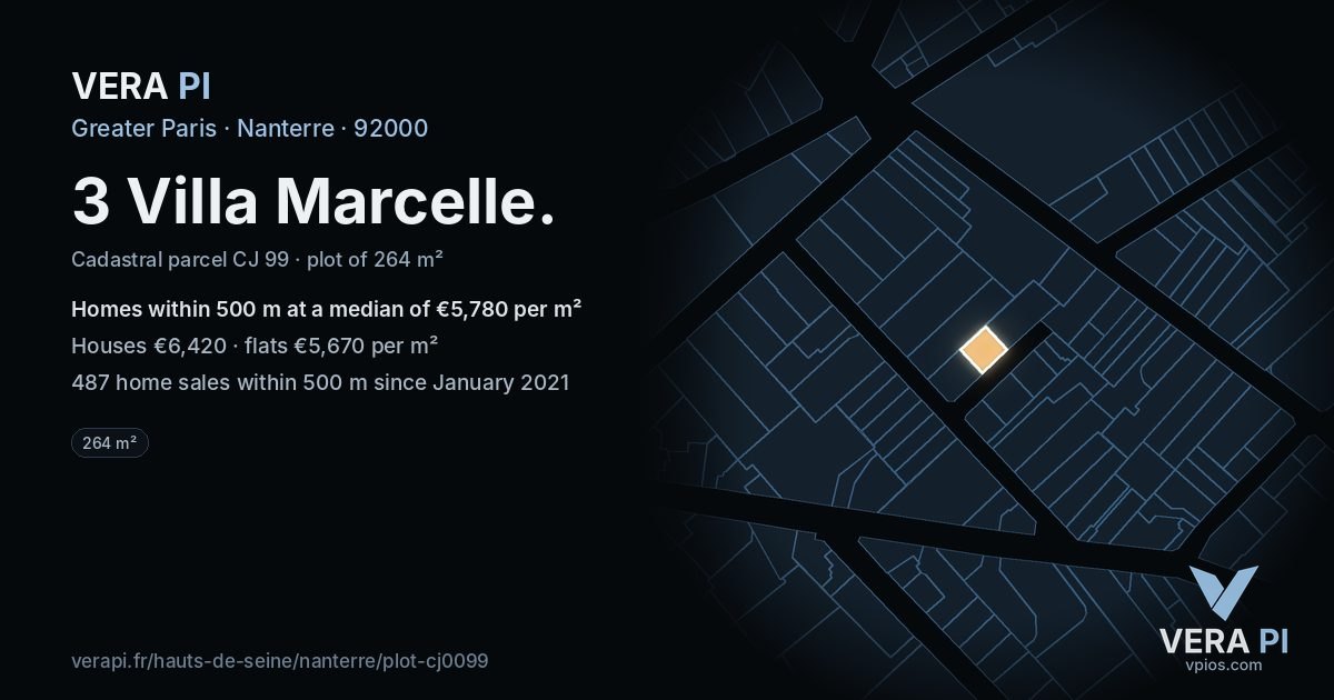 3 Villa Marcelle, Nanterre at night – the plot lit, the parcels around coloured by the prices near them