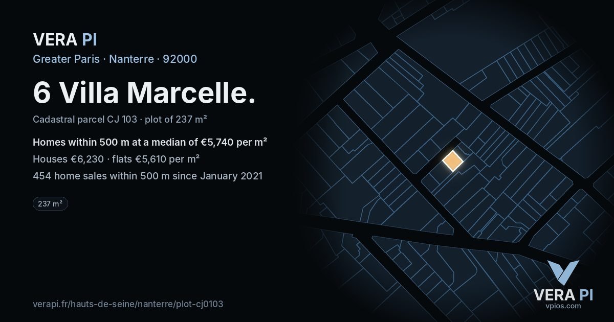 6 Villa Marcelle, Nanterre at night – the plot lit, the parcels around coloured by the prices near them