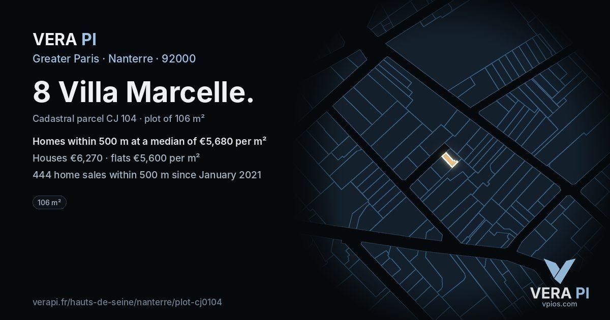 8 Villa Marcelle, Nanterre at night – the plot lit, the parcels around coloured by the prices near them