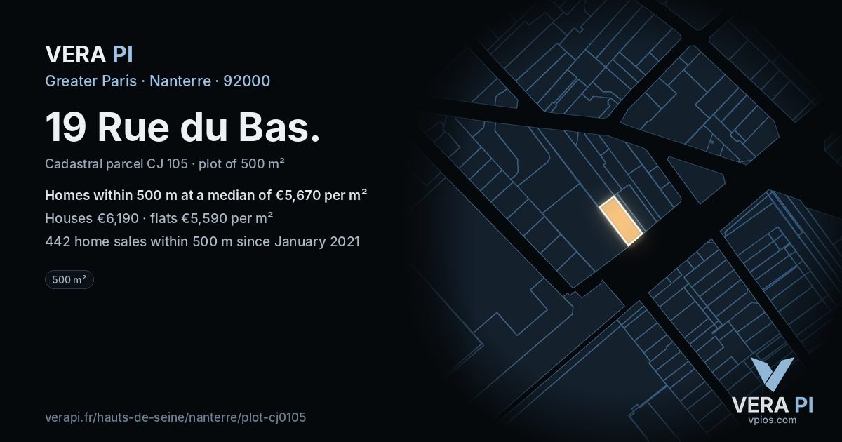 19 Rue du Bas, Nanterre at night – the plot lit, the parcels around coloured by the prices near them