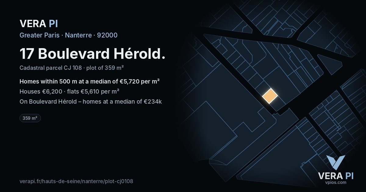 17 Boulevard Hérold, Nanterre at night – the plot lit, the parcels around coloured by the prices near them