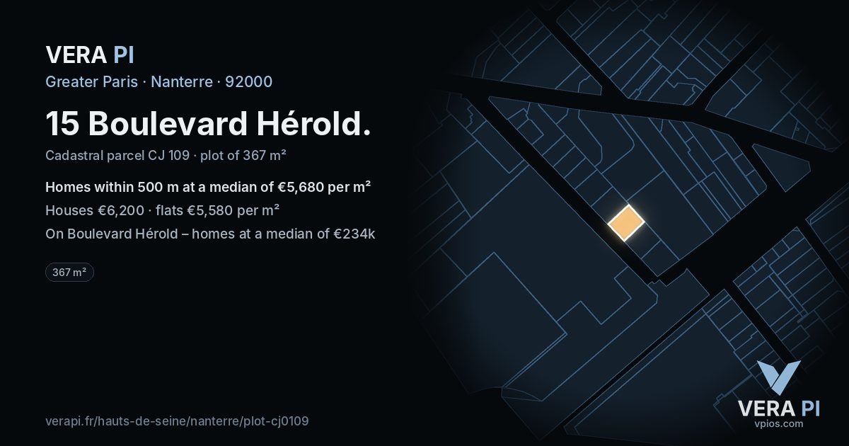 15 Boulevard Hérold, Nanterre at night – the plot lit, the parcels around coloured by the prices near them