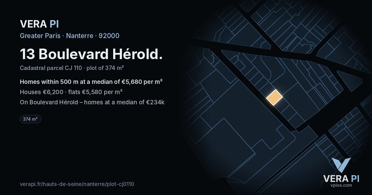 13 Boulevard Hérold, Nanterre at night – the plot lit, the parcels around coloured by the prices near them