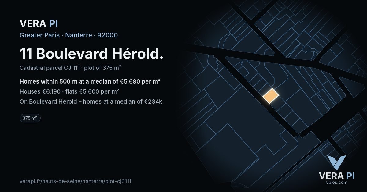 11 Boulevard Hérold, Nanterre at night – the plot lit, the parcels around coloured by the prices near them
