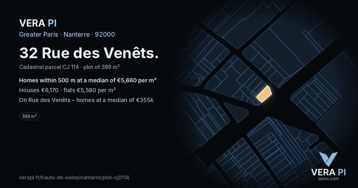 32 Rue des Venêts, Nanterre at night – the plot lit, the parcels around coloured by the prices near them