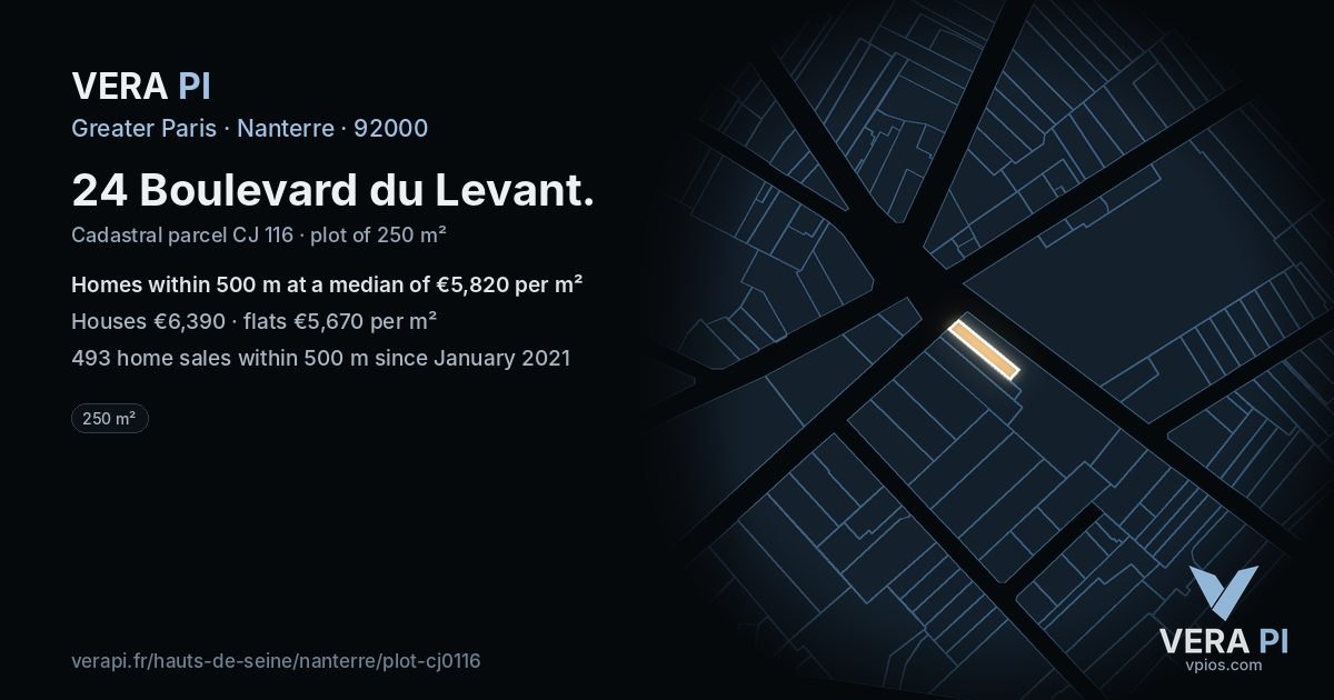 24 Boulevard du Levant, Nanterre at night – the plot lit, the parcels around coloured by the prices near them
