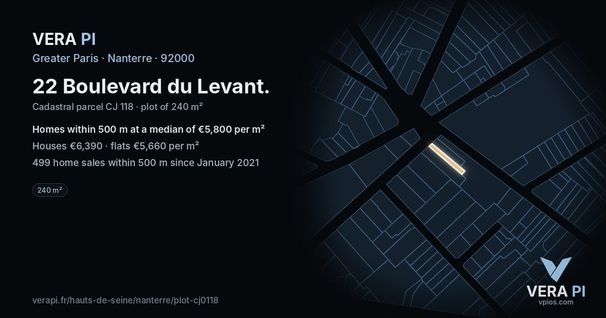 22 Boulevard du Levant, Nanterre at night – the plot lit, the parcels around coloured by the prices near them