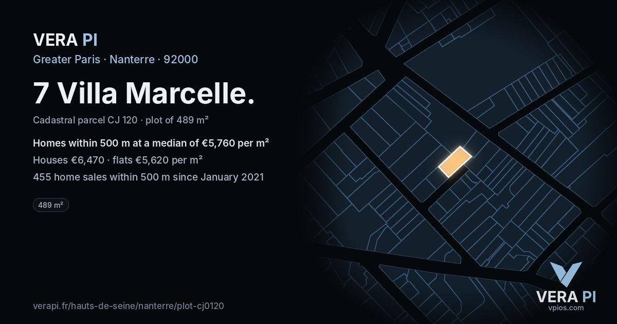 7 Villa Marcelle, Nanterre at night – the plot lit, the parcels around coloured by the prices near them