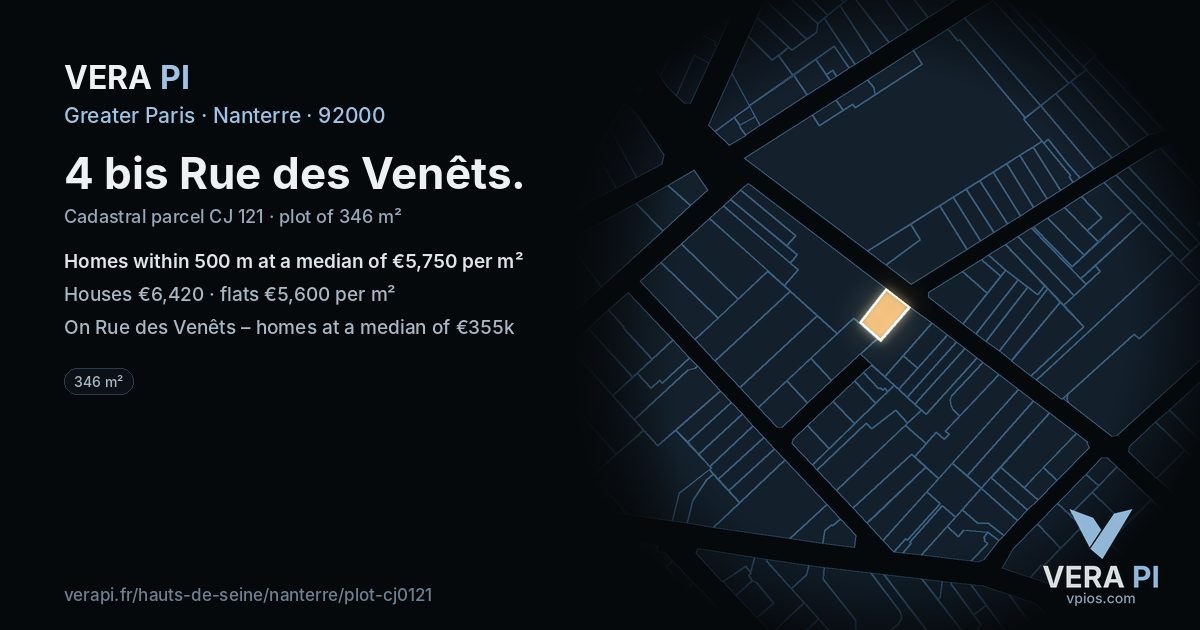 4 bis Rue des Venêts, Nanterre at night – the plot lit, the parcels around coloured by the prices near them
