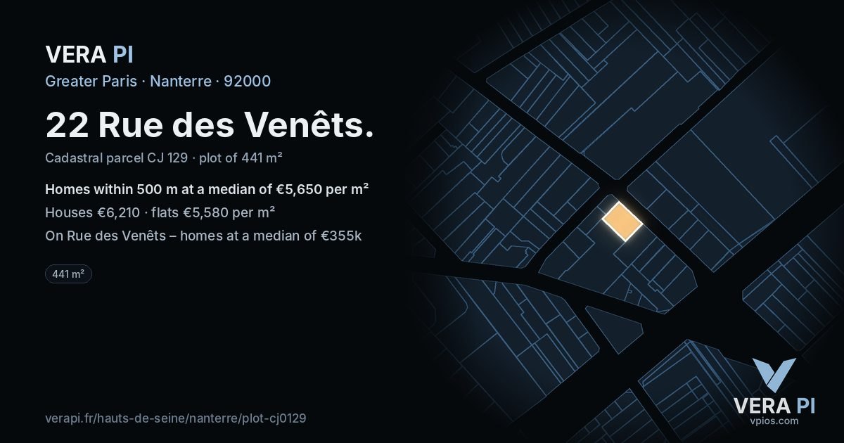 22 Rue des Venêts, Nanterre at night – the plot lit, the parcels around coloured by the prices near them