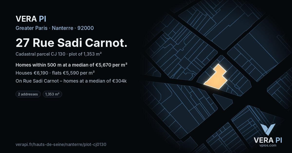 27 Rue Sadi Carnot, Nanterre at night – the plot lit, the parcels around coloured by the prices near them