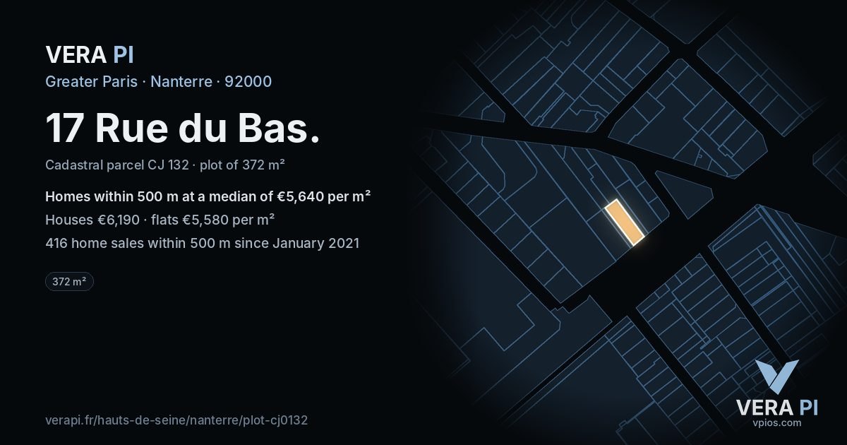 17 Rue du Bas, Nanterre at night – the plot lit, the parcels around coloured by the prices near them