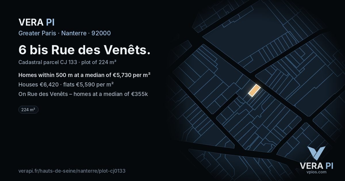 6 bis Rue des Venêts, Nanterre at night – the plot lit, the parcels around coloured by the prices near them