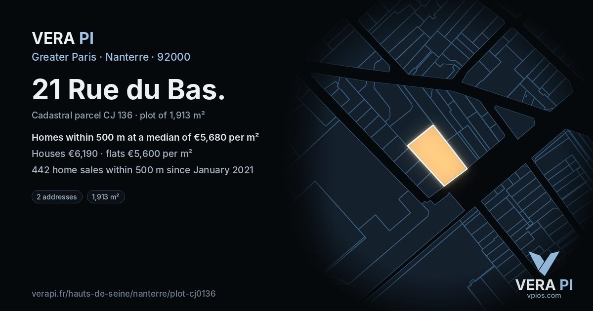 21 Rue du Bas, Nanterre at night – the plot lit, the parcels around coloured by the prices near them