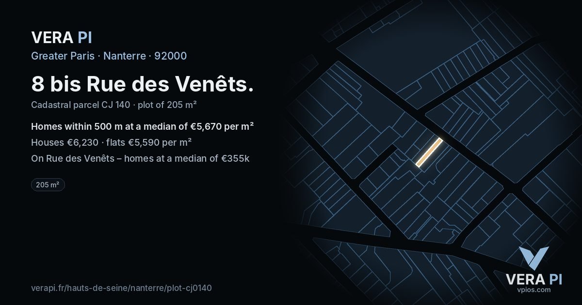 8 bis Rue des Venêts, Nanterre at night – the plot lit, the parcels around coloured by the prices near them