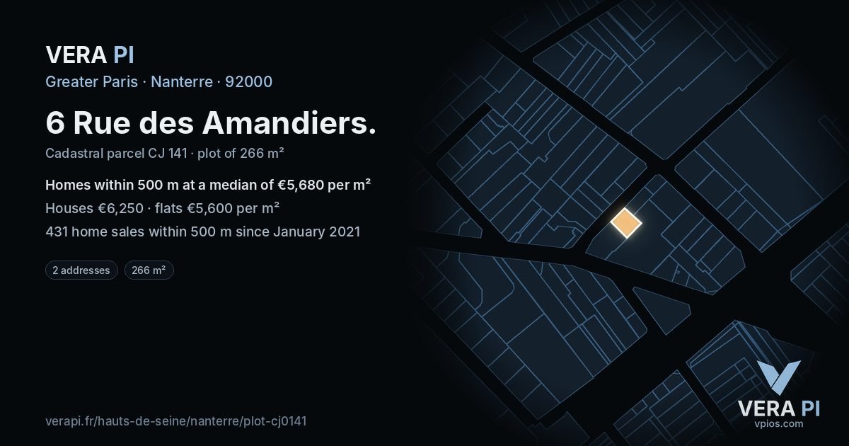 6 Rue des Amandiers, Nanterre at night – the plot lit, the parcels around coloured by the prices near them