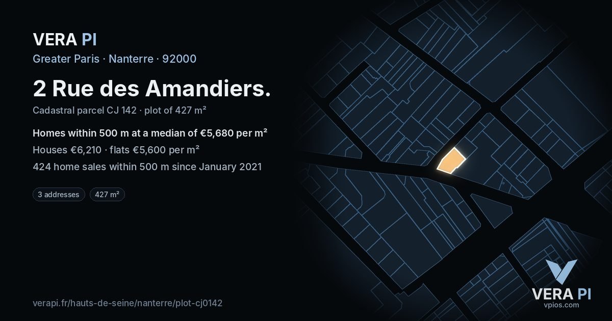 2 Rue des Amandiers, Nanterre at night – the plot lit, the parcels around coloured by the prices near them
