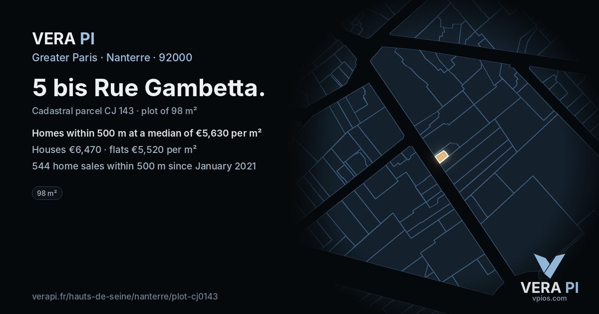 5 bis Rue Gambetta, Nanterre at night – the plot lit, the parcels around coloured by the prices near them