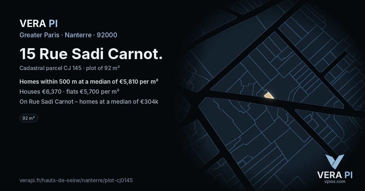 15 Rue Sadi Carnot, Nanterre at night – the plot lit, the parcels around coloured by the prices near them