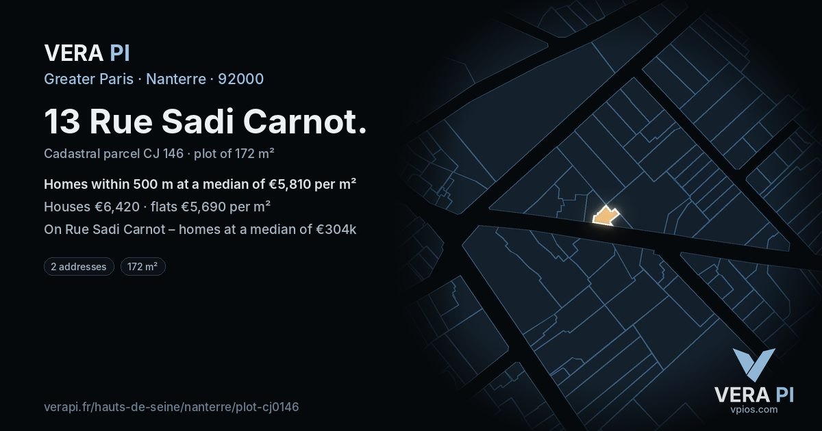 13 Rue Sadi Carnot, Nanterre at night – the plot lit, the parcels around coloured by the prices near them