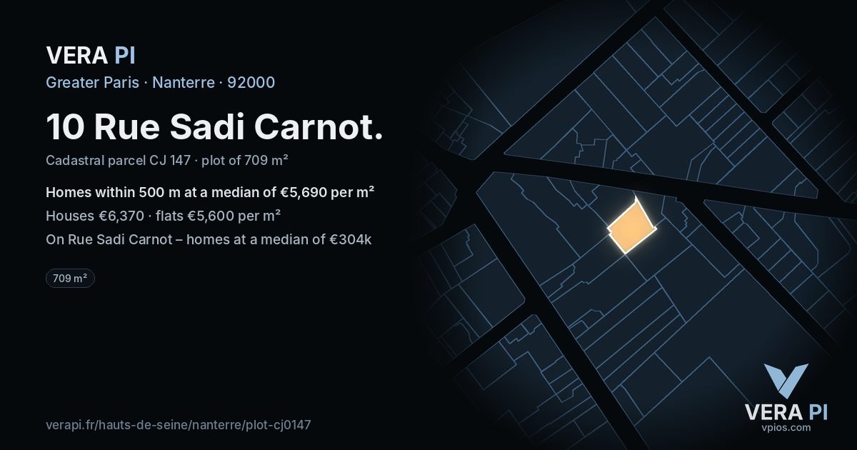 10 Rue Sadi Carnot, Nanterre at night – the plot lit, the parcels around coloured by the prices near them