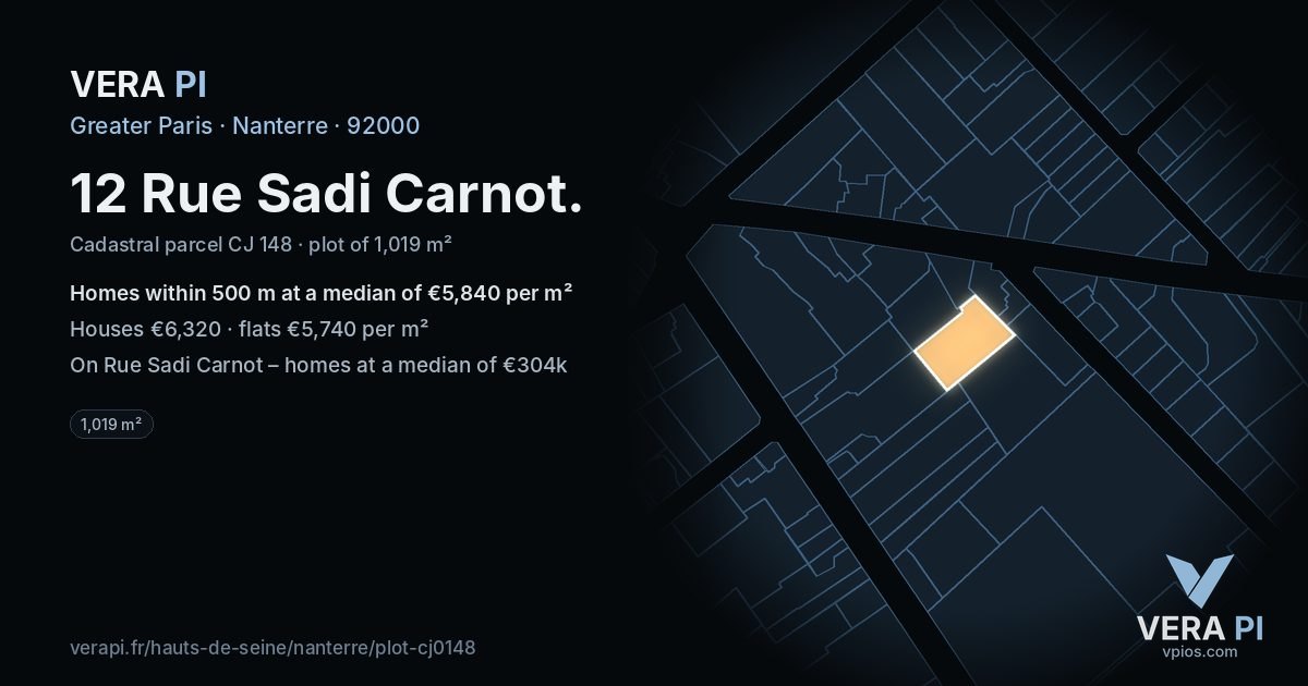 12 Rue Sadi Carnot, Nanterre at night – the plot lit, the parcels around coloured by the prices near them