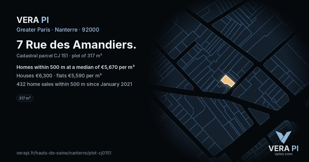 7 Rue des Amandiers, Nanterre at night – the plot lit, the parcels around coloured by the prices near them
