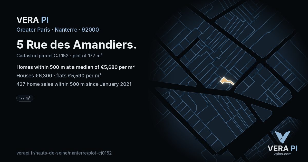 5 Rue des Amandiers, Nanterre at night – the plot lit, the parcels around coloured by the prices near them