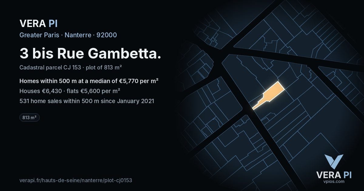 3 bis Rue Gambetta, Nanterre at night – the plot lit, the parcels around coloured by the prices near them