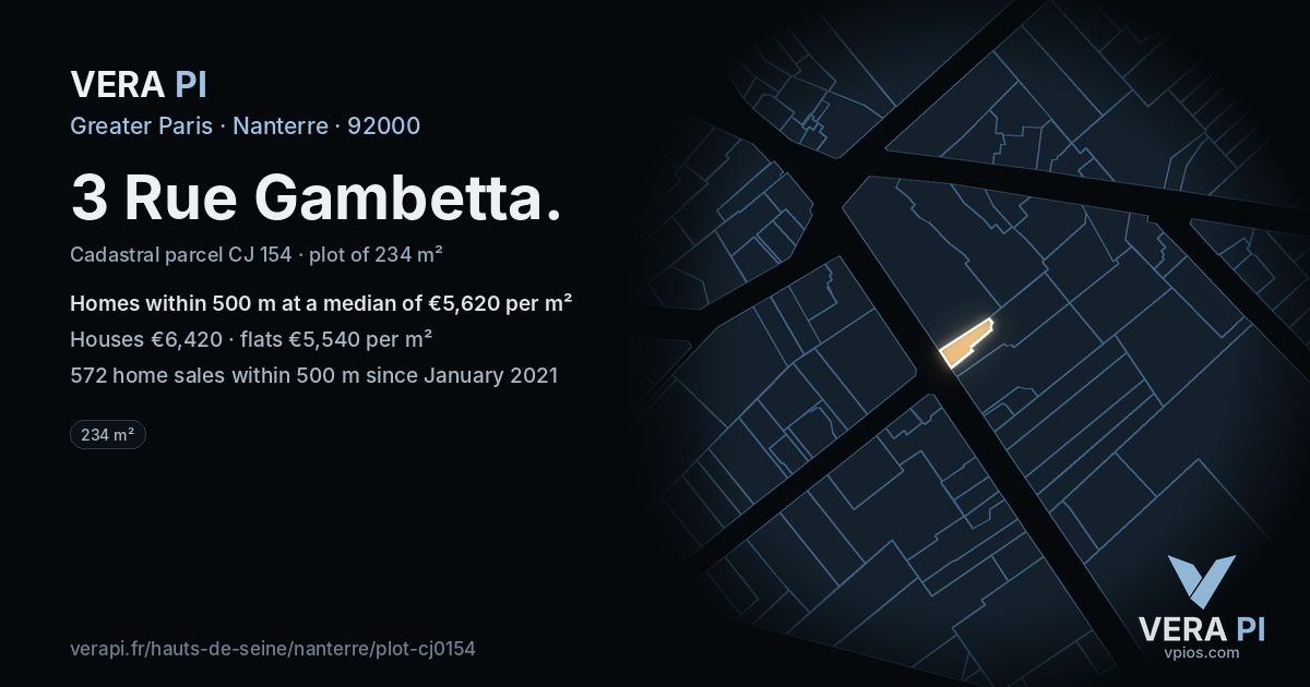 3 Rue Gambetta, Nanterre at night – the plot lit, the parcels around coloured by the prices near them