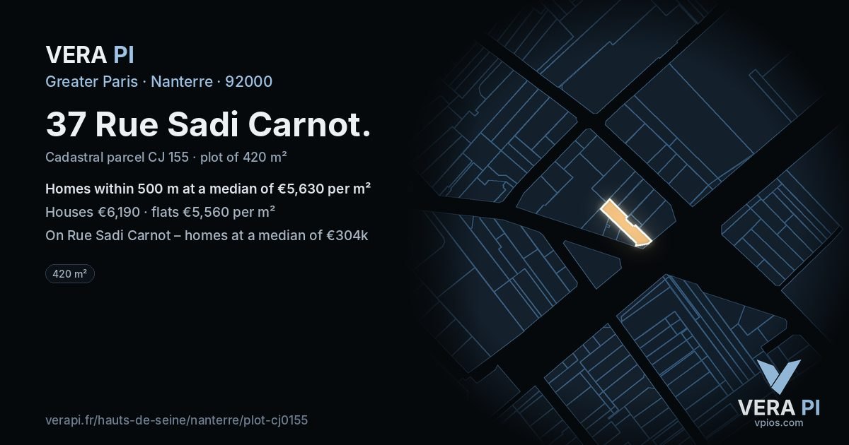 37 Rue Sadi Carnot, Nanterre at night – the plot lit, the parcels around coloured by the prices near them