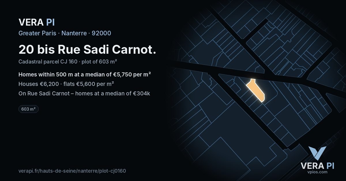 20 bis Rue Sadi Carnot, Nanterre at night – the plot lit, the parcels around coloured by the prices near them