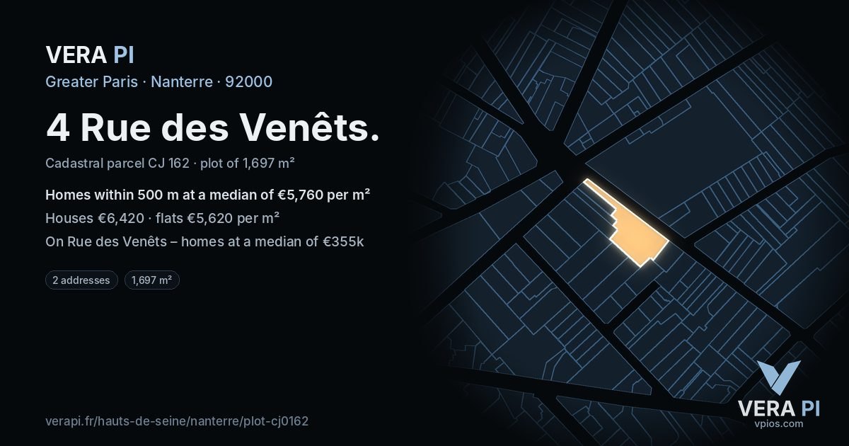 4 Rue des Venêts, Nanterre at night – the plot lit, the parcels around coloured by the prices near them
