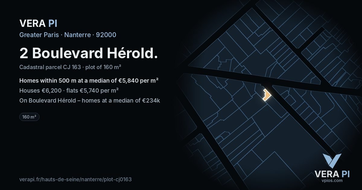 2 Boulevard Hérold, Nanterre at night – the plot lit, the parcels around coloured by the prices near them