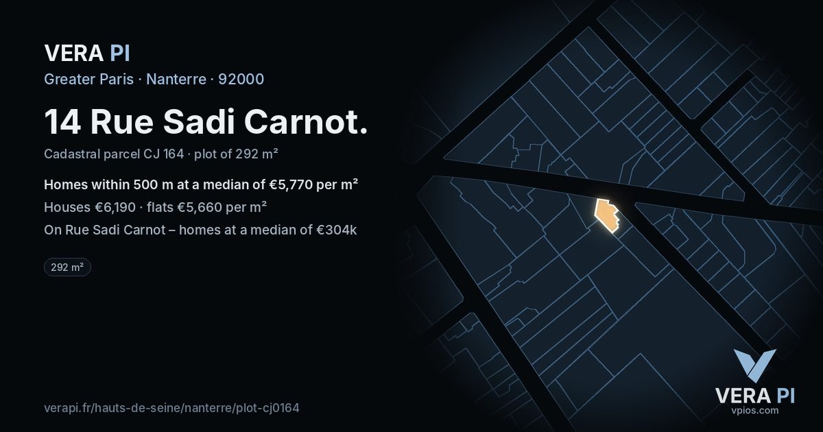 14 Rue Sadi Carnot, Nanterre at night – the plot lit, the parcels around coloured by the prices near them
