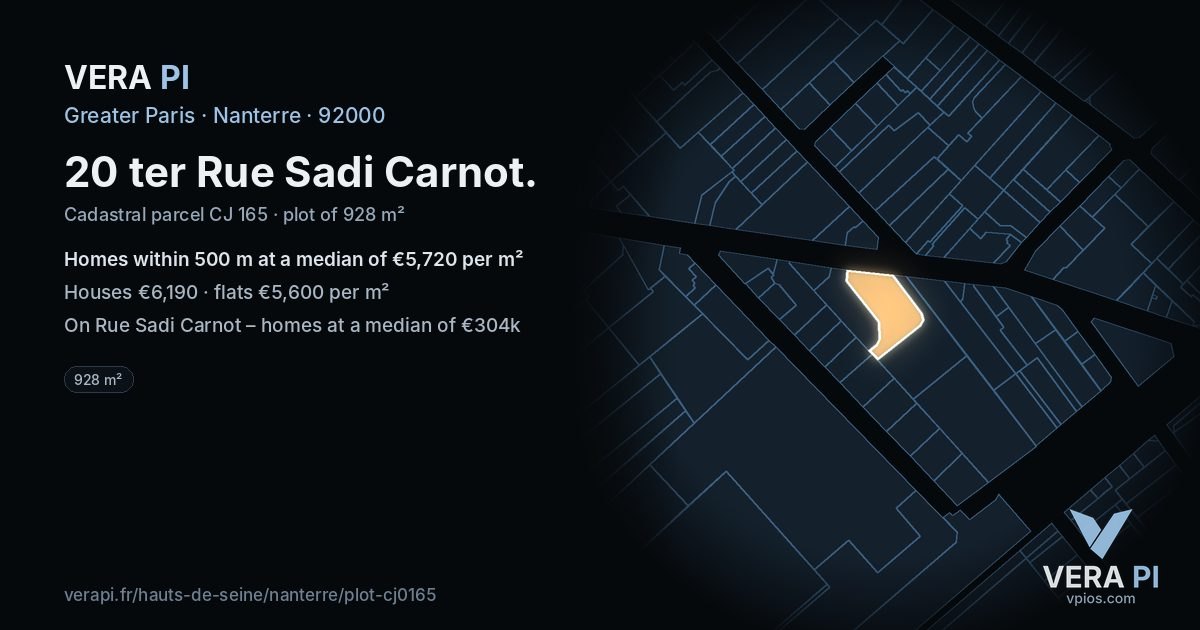 20 ter Rue Sadi Carnot, Nanterre at night – the plot lit, the parcels around coloured by the prices near them