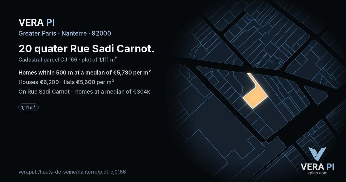 20 quater Rue Sadi Carnot, Nanterre at night – the plot lit, the parcels around coloured by the prices near them