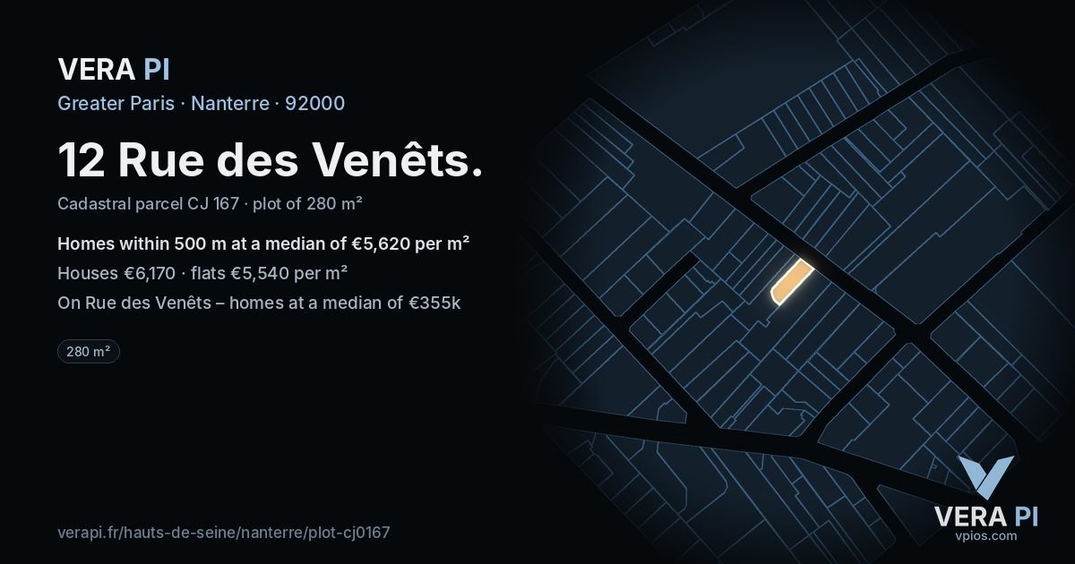 12 Rue des Venêts, Nanterre at night – the plot lit, the parcels around coloured by the prices near them