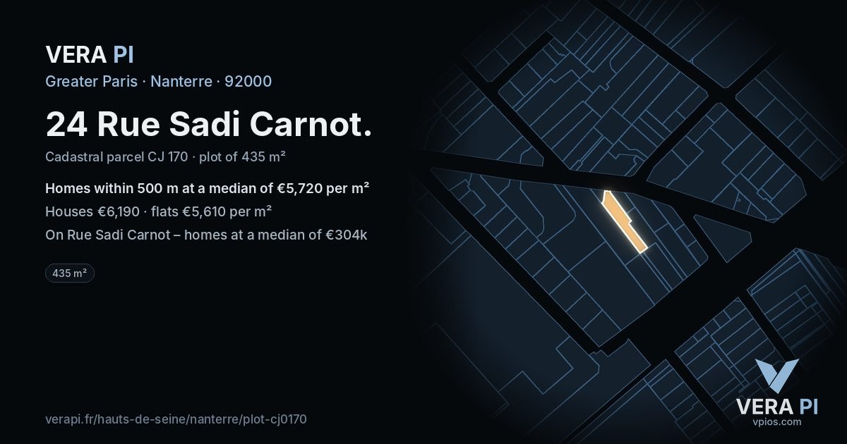 24 Rue Sadi Carnot, Nanterre at night – the plot lit, the parcels around coloured by the prices near them