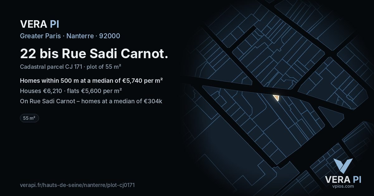 22 bis Rue Sadi Carnot, Nanterre at night – the plot lit, the parcels around coloured by the prices near them