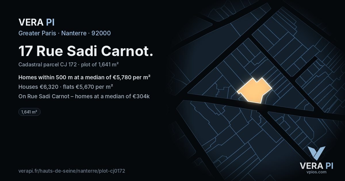 17 Rue Sadi Carnot, Nanterre at night – the plot lit, the parcels around coloured by the prices near them