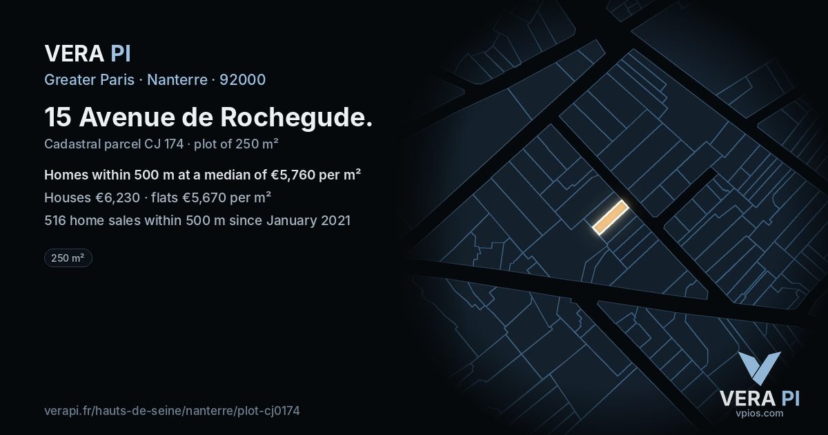 15 Avenue de Rochegude, Nanterre at night – the plot lit, the parcels around coloured by the prices near them