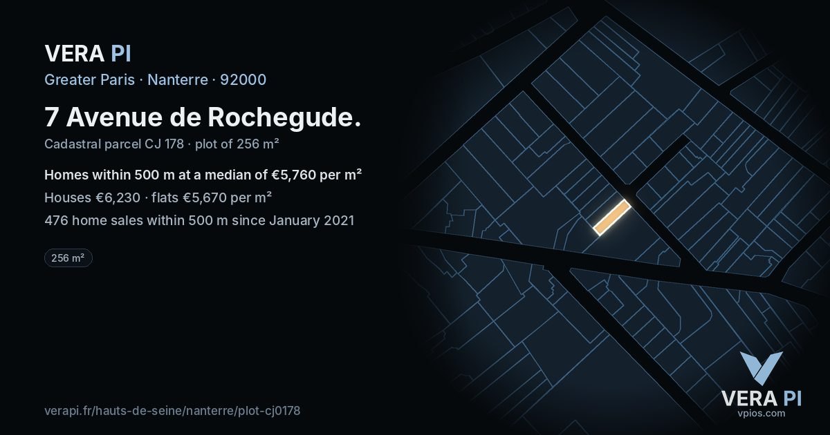 7 Avenue de Rochegude, Nanterre at night – the plot lit, the parcels around coloured by the prices near them