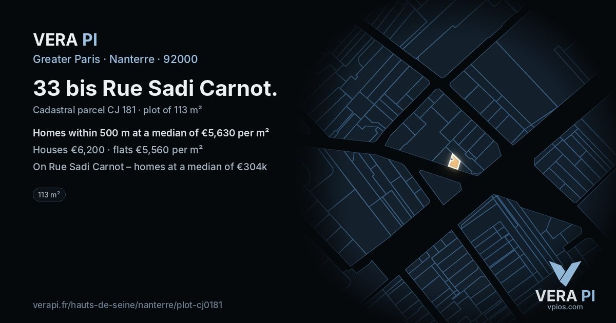 33 bis Rue Sadi Carnot, Nanterre at night – the plot lit, the parcels around coloured by the prices near them